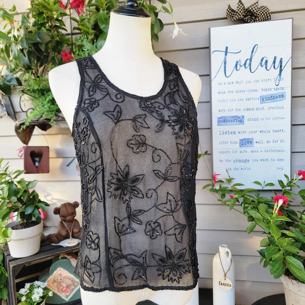 AZIZ ♡ Gorgeous Vintage Black Sheer Floral Embellished Beaded Tie Ribbon Tank M